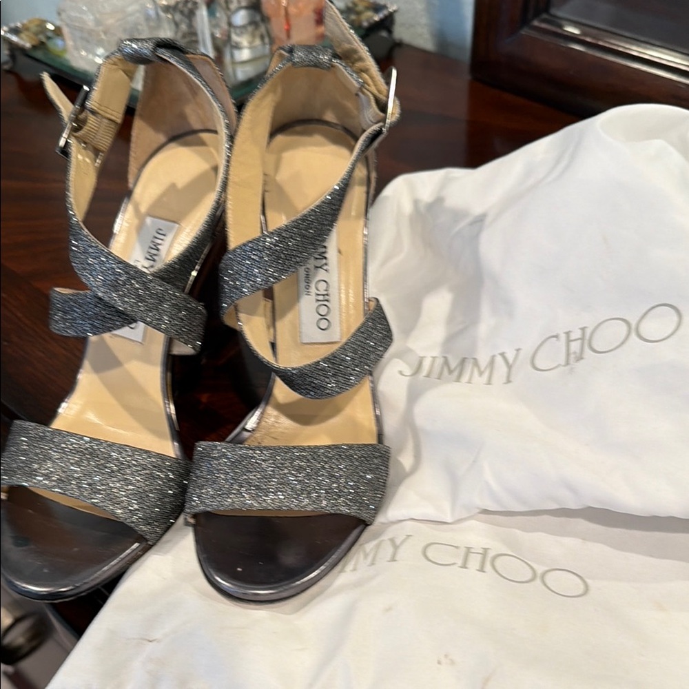 Jimmy Choo Gunmetal Glitter Crisscross Sandals - Picture 4 of 5